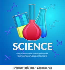 3D Flask laboratory science formula colorful liquid chemical reaction for research poster health education template