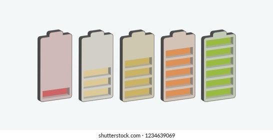 3D flat battery charge indicator icons in vector graphics