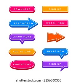 3d flat button collection for website landing page with share, download, sign up, watch now, learn more, read more, add to cart button
