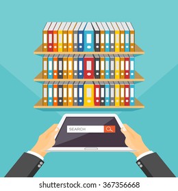 3d flat design of education concept. Online library. Searching electronic book.