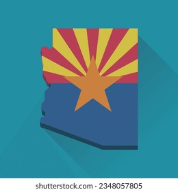 3D flat design map of the US state of Arizona in the colors of the Arizona flag on a blue background with shadow