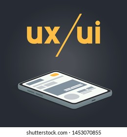 3d Flat Design of a mobile phone with a lowfi interface. User experience, user interface. App or Website wireframe for mobile. UX and UI concept.