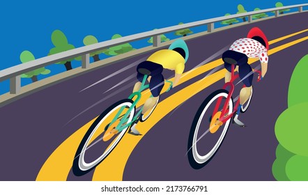 3d flat design style cyclists  climbing a mountain in a curve