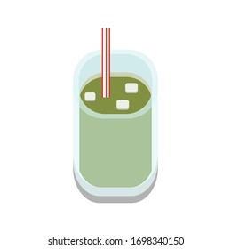 3D flat design style Japanese food : iced cold Green tea or Matcha in transparent glass icon isolated on white background illustration in vector