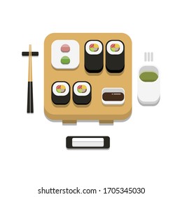 Cocina japonesa de diseño plano en 3D: Juego de sushi de rollo Futomaki con salsa de soja wasabi chopstick jengibre toalla caliente e icono de té verde caliente aislado en ilustración de fondo blanco en vector