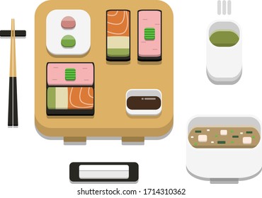 3D-Flachdesign-Stil Japanisches Essen: Sushi-Set aus gemischten Gunkanmaki oder Battleship-Rollen mit Sojasauce wasabi Ingwer-Stäbchen Hot-Handtuch und heißgrüne Teeksymbol einzeln auf weißem Hintergrund grafik