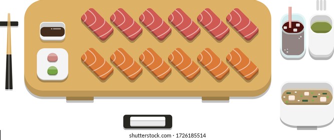 3D flat design style Japanese food : Sushi set of fish sashimi Nigirizushi or nigiri with soy sauce wasabi ginger chopsticks hot towel and hot green tea icon isolated on white background illustration