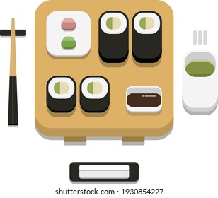 3D flat design style Japanese food : Sushi set of avocado maki roll with soy sauce wasabi ginger chopsticks hot towel and hot green tea icon isolated on white background 