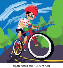 3d flat design style leader cyclist  climbing a mountain