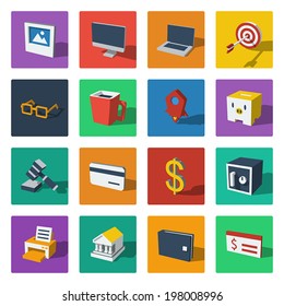 3D flat icons vector web design object, business, office, marketing, financial. Colorful