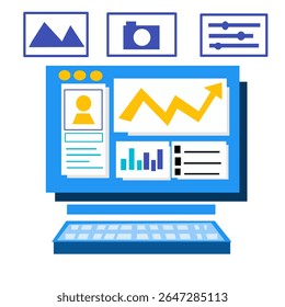 3D flat illustration of laptop screen with charts, user profile, image, and settings icon for data analysis or UI design concepts