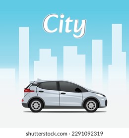 3d flat illustration of a realistic cartoonist car in the city. Clean cityscape with vehicle. square shape design.