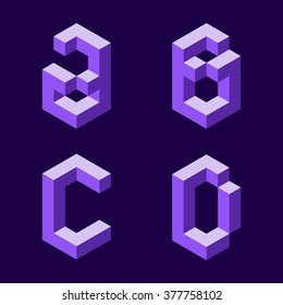 3d flat isometric alphabet. Letters - A,B,C,D