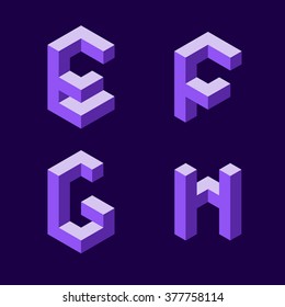 3d flat isometric alphabet. Letters - E,F,G,H