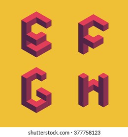 3d flat isometric alphabet. Letters - E,F,G,H