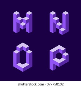 3d flat isometric alphabet. Letters - M,N,O,P