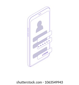 3d flat isometric illustration with smartphone. The process of developing the site interface. Sketch mobile website