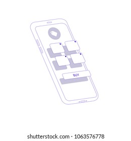 3d flat isometric illustration with smartphone. The process of developing the site interface. Sketch mobile website