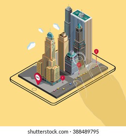 3d flat isometric map on the tablet, GPS navigation. Flat landscape street location isometric app info graphic concept. Application territory building in the natural landscape. 