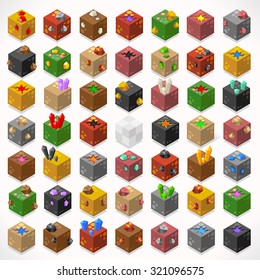 3D Flat Isometric Mine Cubes Treasure Box Gem Stone Kit. Isolated Materials Ruby Gold Sapphire Diamond Lava Puddle Elements. Icon Set Collection For Web App Craft Game Builder Build Your Own World