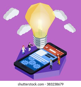 3D flat isometric mobile phone and lamp. People creating interface