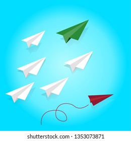 3D Flat isometric red paper airplane changing direction from the group. think different concept. - Vector