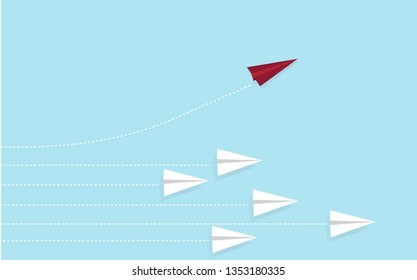 3D Flat isometric red paper airplane changing direction from the group. think different concept. - Vector