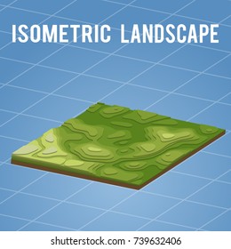3d isométrica plana com transições de vértices. Paisagem isométrica verde no fundo azul. Viagens, turismo e fundo de negócios. Ilustração vetorial da topografia