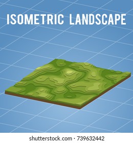 3d flat isometric with transitions of vertices. Green isometric landscape on the blue backdrop. Travel, tourism and business background. Vector illustration of the topography