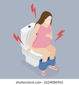 3d flache isometrische Vektorgrafik. Schwangere sitzt auf der Toilette. Obstipation, Durchfall oder Zystitis während der Schwangerschaft, Verdauungsprobleme.