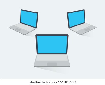 3D flat laptops with blank screens and transparent shadows, isolated on light background. Easy to use for your website or presentation.