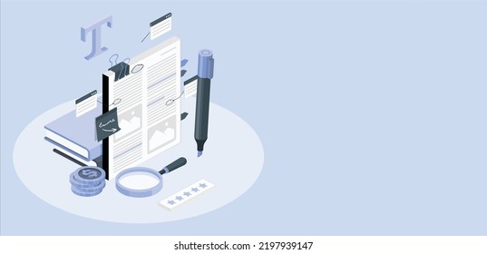 3d Flat paper, book, pen, magnifying glass, money, star, newspaper, floating text. Information through a magnifying glass and a spyglass. Isolated vector illustration.