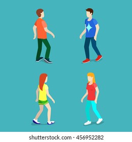 3d Flat People. Isometric. Vector illustration. Walking people, Woman. Man. Outdoor. Sport. Health.