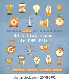 3d and flat set icons, conceptual vector with different styles