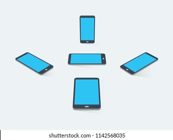 3D flat smart phones with blank screens and transparent shadows, isolated on light background. Easy to use for your website or presentation.