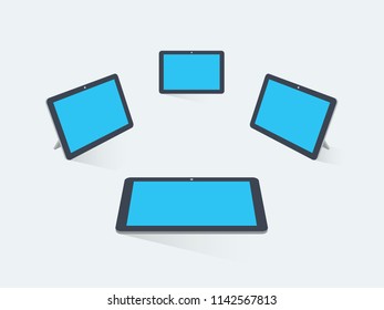 3D flat tablets with blank screens and transparent shadows, isolated on light background. Easy to use for your website or presentation.