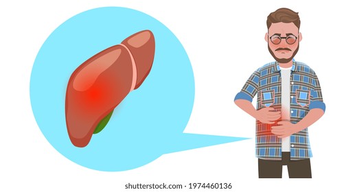 3D Flat Vector Conceptual Illustration of Man with Liver Pain, Effects of Poor Nutrition on Human Body