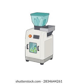 3D flat vector illustration of a plastic recycling machine and plastic shredder. The machine processes plastic bottles into small flakes for recycling. Concept of waste management, circular economy, green infrastructure, sustainability, ESG and net zero.