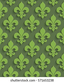 3D Fleur De Lys Seamless Pattern in Greenery and Kale Colors. Neutral Tileable Vector Background