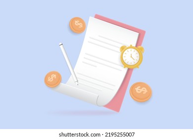 3d flexible bill with alarm clock and golden coins. The financial metaphor. The concept of paying bills and taxes of the season. 3d vector illustration.
