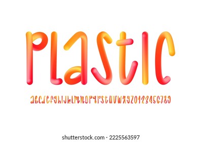 Alfabeto tubular de tipo neón flexible 3D, letras y números de burbujas plásticas brillantes, ilustración vectorial 10EPS