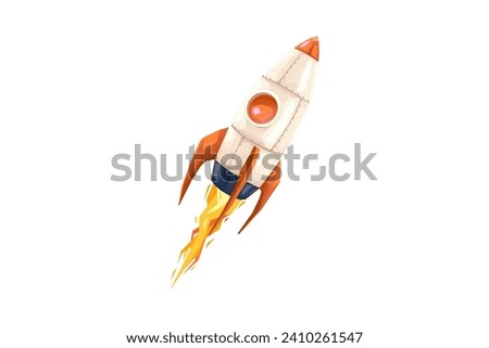3D flight rocket with fire in cartoon cute style. Isolated spaceship as startup metaphor. Business and Science concept. Launch space ship in the cosmos. Technology icon. Vector element or illustration