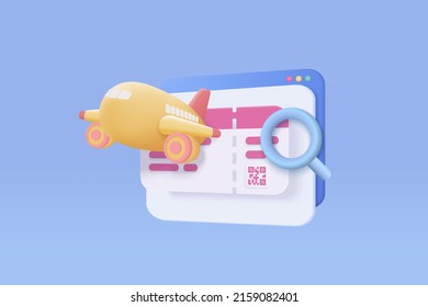 3d flight search and airplane tickets online service concept in cartoon style. find ticket plane online and booking worldwide travel, magnifier tourism icons. 3d flight icon vector render illustration