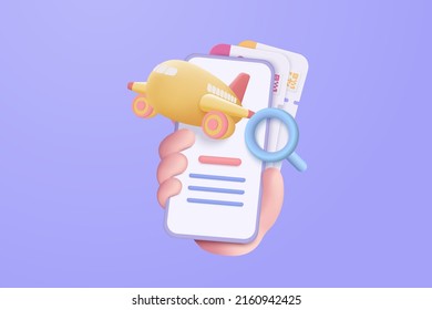 3d Flight Search And Airplane Tickets Online Service Concept On Mobile Phone. Find Ticket Plane Online And Booking Worldwide Travel, Magnifier Tourism Icons. 3d Flight Icon Vector Render Illustration