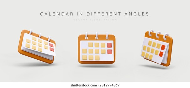 3D flip calendar on spring. Realistic planner with tear off pages. Calendar with red weekend marks. Set of colored icons on gray background. Time management, planning svg