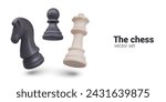3D floating black and white chess pieces. Pawn, knight, queen with shadows