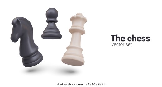 3D floating black and white chess pieces. Pawn, knight, queen with shadows