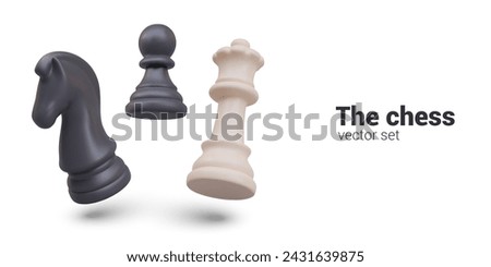 3D floating black and white chess pieces. Pawn, knight, queen with shadows