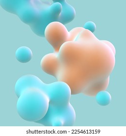 3D floating colored nanoparticles on blue background. Concept of modern organic chemistry and biological sciences. Futuristic abstract 3d shapes art background, EPS 10 vector illustration.