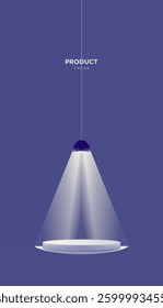  3d floating cylinder podium in corner rooms with hanging neon lamps. Stage showcase, Product display.
